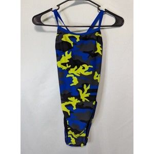 Speedo Womens Blue Yellow Camo Flyback Training One-Piece Swimsuit Size 6/32